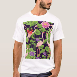 Camiseta Flamingo, plantas tropicales, fondo negro.