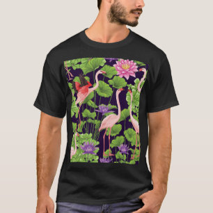 Camiseta Flamingo, plantas tropicales, fondo negro.