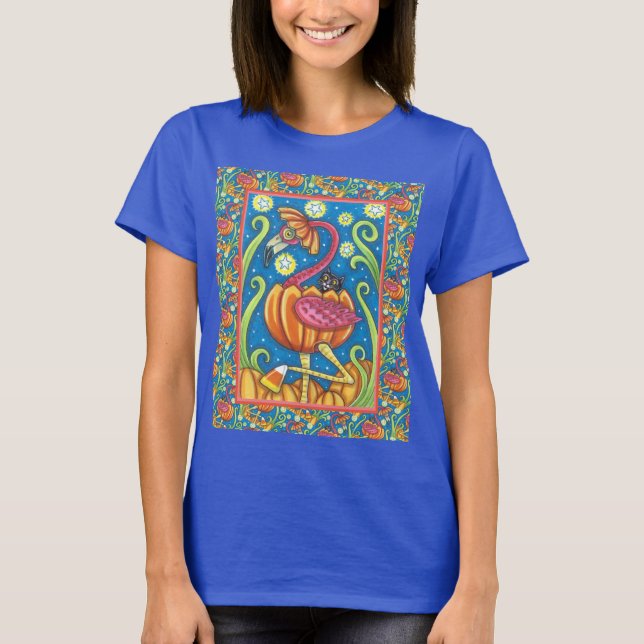 CAMISETA FLAMINGO ROJO DE HALLOWEEN Y GATO NEGRO EN PUMPKIN (Anverso)