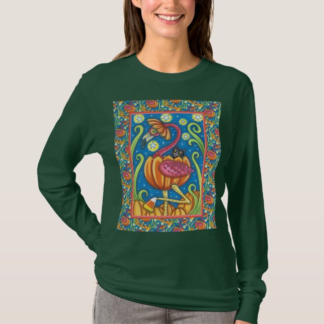 CAMISETA FLAMINGO ROJO DE HALLOWEEN Y GATO NEGRO EN PUMPKIN (Anverso)