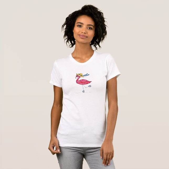 Camiseta Flamingo rosa dulce y caprichoso en los patines (Anverso completo)