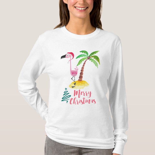 Camiseta Flamingo Rosa En Navidades Tropicales De Santa Hat (Anverso)