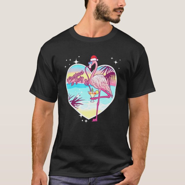 Camiseta Flamingo Rosa En Santa Hat Hawaii Chrismas En Ju (Anverso)