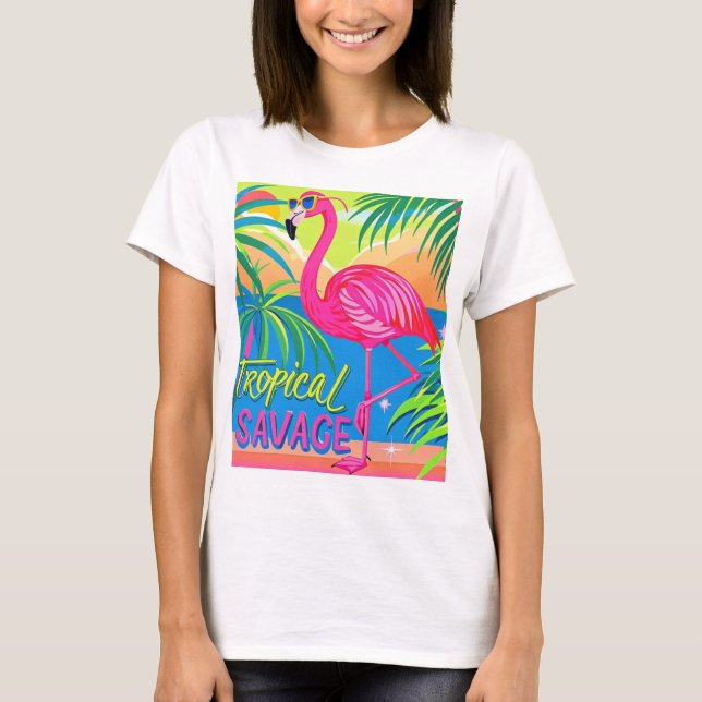 Camiseta Flamingo rosa Estacionamiento tropical en una pier (Anverso)