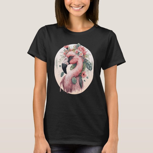 Camiseta Flamingo Rosa Exótico Flor De Ave Troya Floral De  (Anverso)