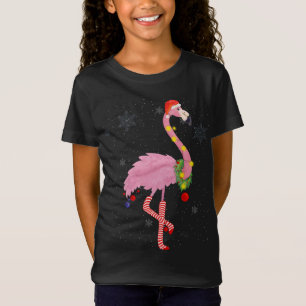 Camiseta Flamingo rosa lindo con nieve, luces y Santa Hat