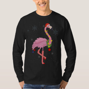Camiseta Flamingo rosa lindo con nieve, luces y Santa Hat