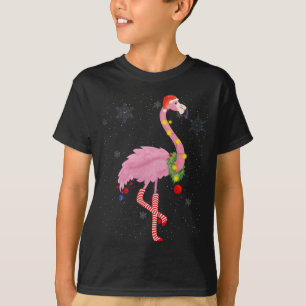 Camiseta Flamingo rosa lindo con nieve, luces y Santa Hat