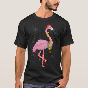 Camiseta Flamingo rosa lindo con nieve, luces y Santa Hat