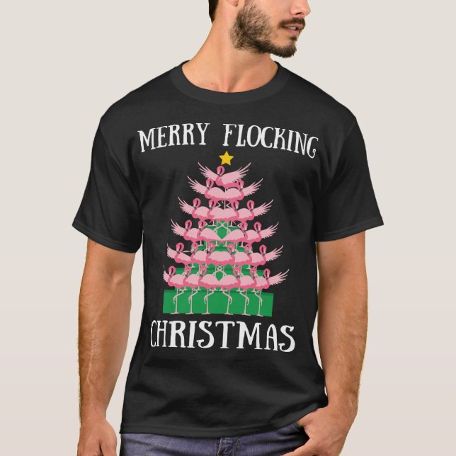 Camiseta Flamingo rosa Merry Flocking Christmas Tree Lights (Anverso)