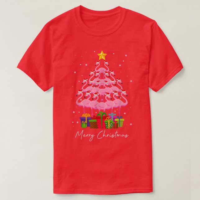 Camiseta Flamingo rosa Merry Flocking Christmas Tree Lights (Diseño del anverso)