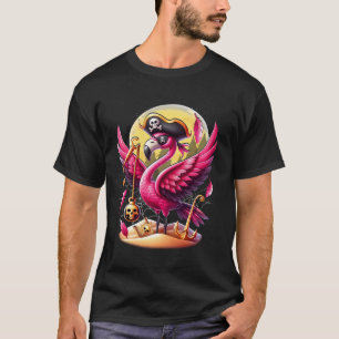 Camiseta Flamingo rosa pirata Halloween Jolly Roger Skull C