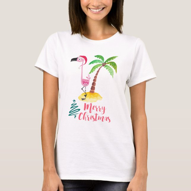 Camiseta Flamingo Rosado En Un Sombrero De Santa Por Un Árb (Anverso)