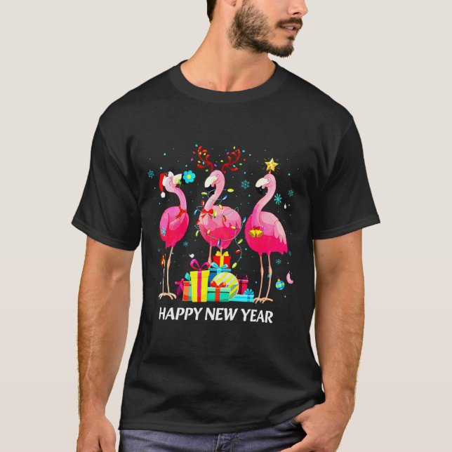 Camiseta Flamingo Santa Hat Happy New Year Light Long Sleev (Anverso)