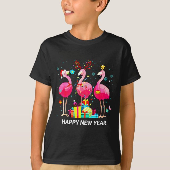 Camiseta Flamingo Santa Hat Happy New Year Light Long Sleev (Anverso)