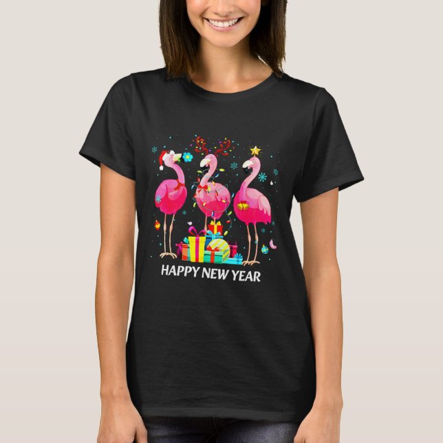 Camiseta Flamingo Santa Hat Happy New Year Light Long Sleev (Anverso)