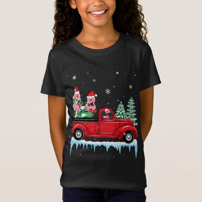 Camiseta Flamingo Santa Hat Riding Red Truck Xmas (Anverso)