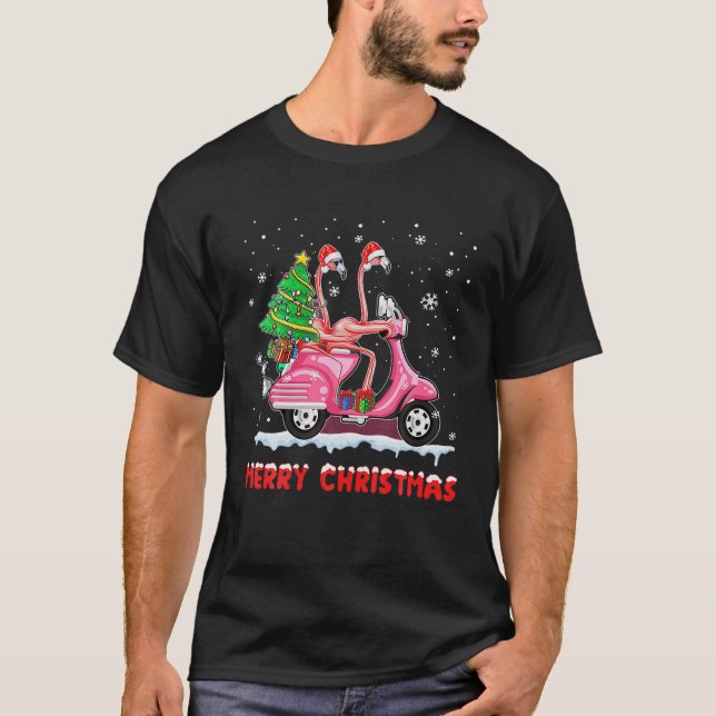 Camiseta Flamingo Santa Hat Xmas Light Motobike Navidades H (Anverso)