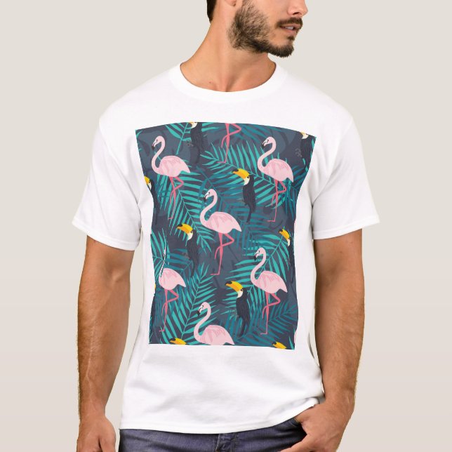Camiseta Flamingo, toucano: patrón de hojas tropicales (Anverso)