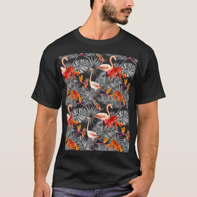 Camiseta Flamingo y flores, patrón monocromo. (Anverso)