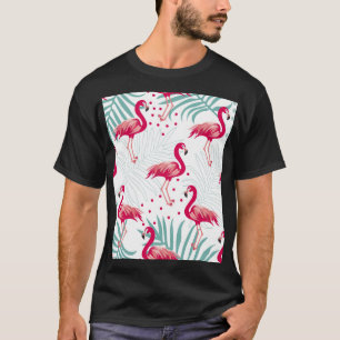 Camiseta Flamingo y hojas tropicales, patrón de verano.