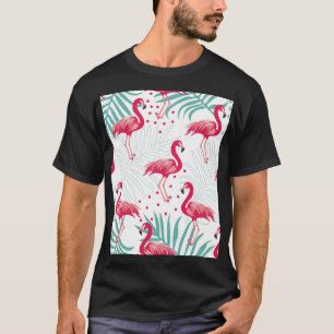 Camiseta Flamingo y hojas tropicales, patrón de verano.