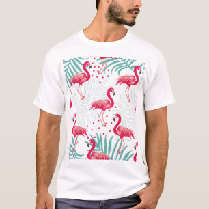 Camiseta Flamingo y hojas tropicales, patrón de verano.
