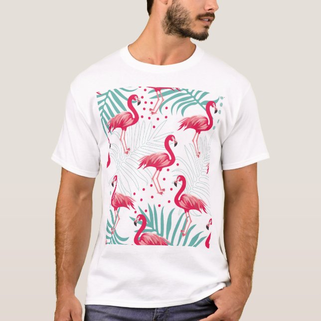 Camiseta Flamingo y hojas tropicales, patrón de verano. (Anverso)