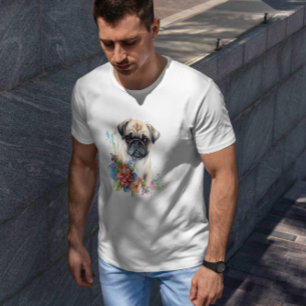 Camiseta Flor acuarela de color de la Mascota Pug Puppy