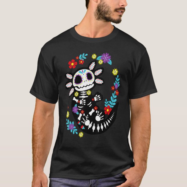 Camiseta Flor Axolotal de azúcar Dia de los Muer Mexicana (Anverso)