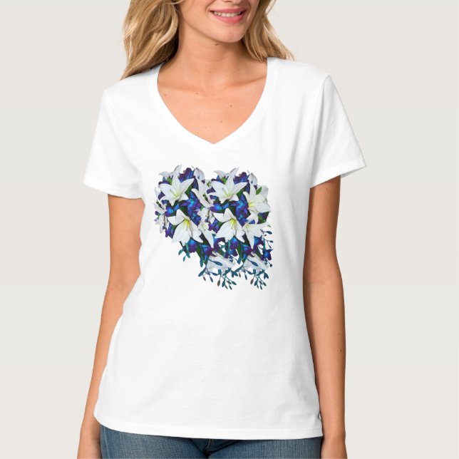 Camiseta Flor azul, violeta y blanca de seda Regalo de dama (Anverso)