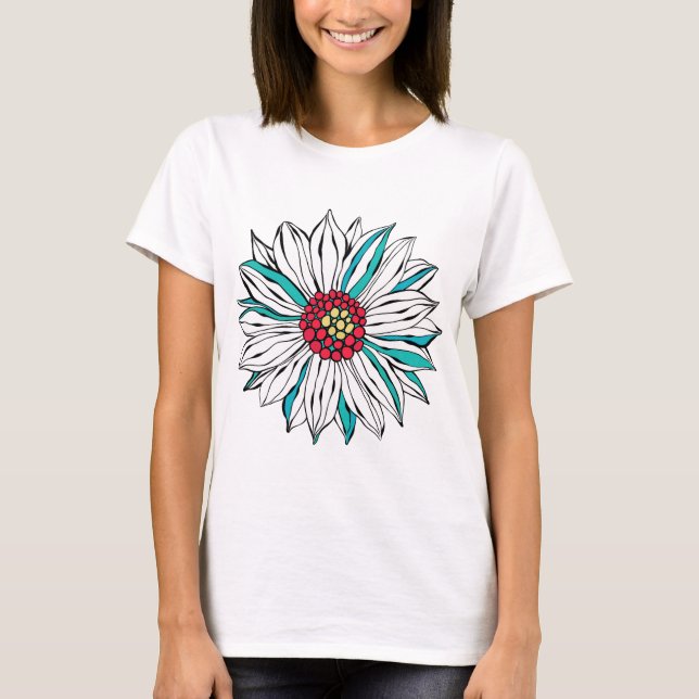 Camiseta Flor blanca Verde azulada amarilla roja margarita (Anverso)