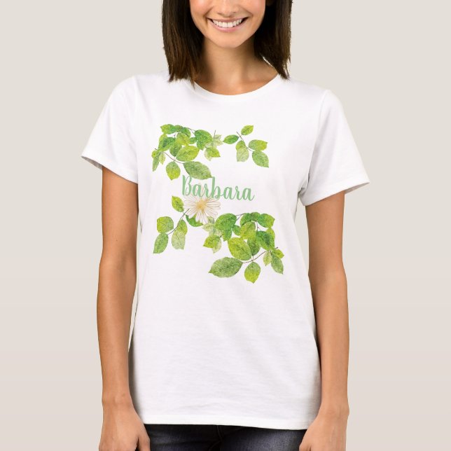Camiseta Flor blanca y jardín de hojas verdes (Anverso)