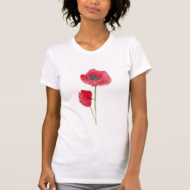 Camiseta Flor de amapola roja acuarela arte botánico (Anverso)
