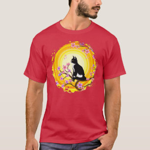 Camiseta Flor de cerezo de gato negro de árbol sakura japon