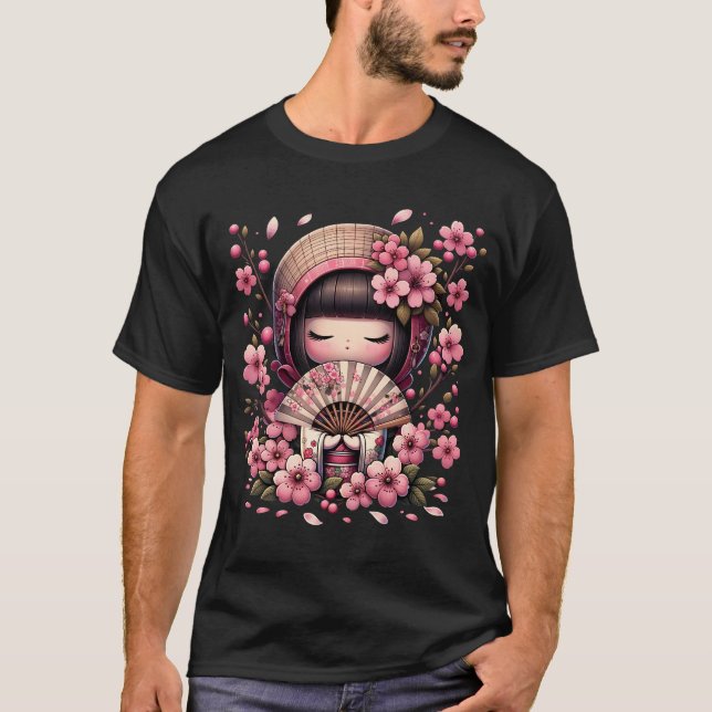 Camiseta Flor de cerezo de muñeca Kawaii Kokeshi japonesa (Anverso)