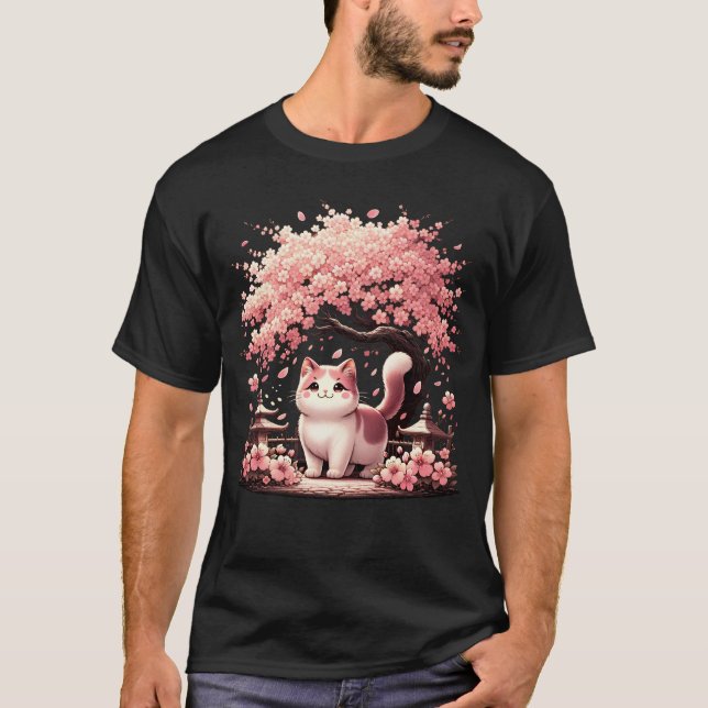 Camiseta Flor de cerezo de Neko, gato japonés de Kawaii (Anverso)