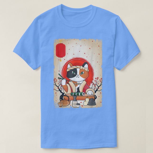 Camiseta Flor de cerezo de sushi en gato japonés (Diseño del anverso)