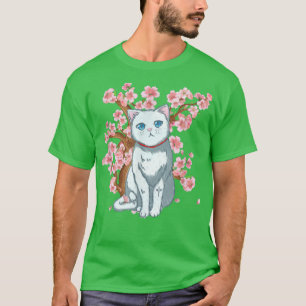 Camiseta Flor de cerezo Gato blanco de arte japonés