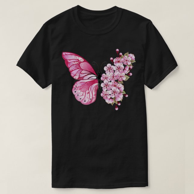 Camiseta Flor de cerezo japonés rosa de mariposa en flor Sa (Diseño del anverso)