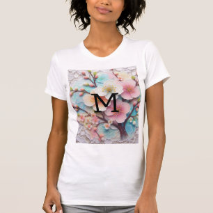 Camiseta Flor de cerezo rosa floral de encaje monograma