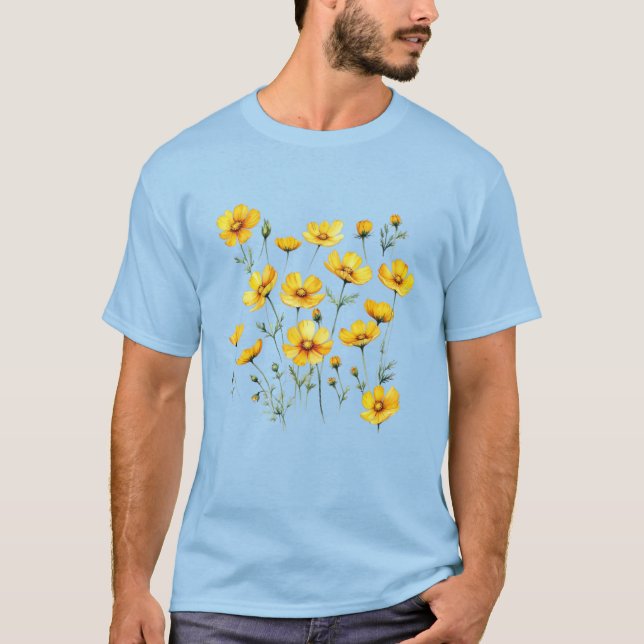 Camiseta Flor de cosmos amarilla escrita por acuarela (Anverso)