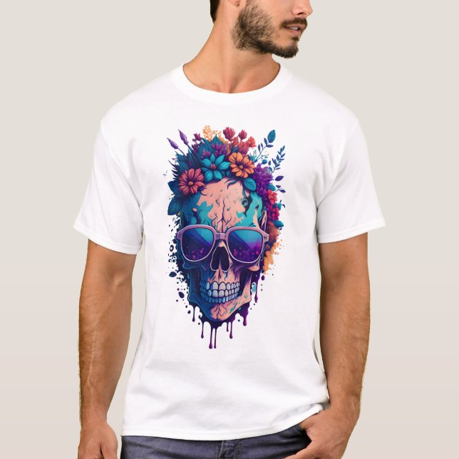 Camiseta Flor de cráneo muerta de color V2 (Anverso)