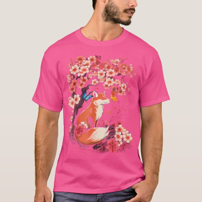 Camiseta Flor de flores de cerezo Sakura Kawaii Fox japones (Anverso)