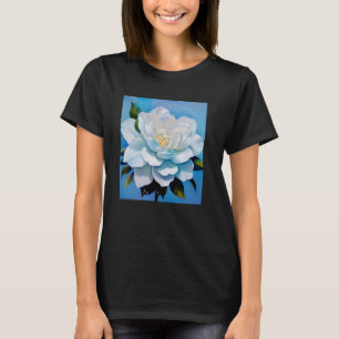 Camiseta Flor de Gardenia Blanca Sobre Tonos Azules