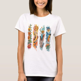 CAMISETA FLOR DE GIRASOL AMARILLO Y PLUMAS BOHO PASTEL