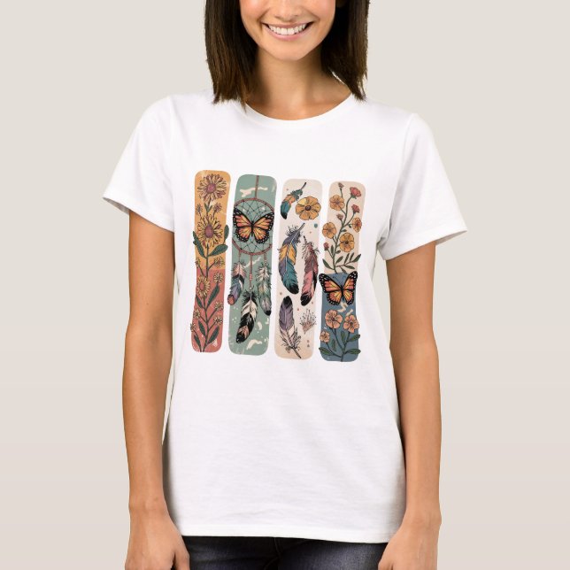 CAMISETA FLOR DE GIRASOL Y PLUMAS BOHO PASTEL (Anverso)