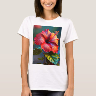 Camiseta Flor de Hibisco Roja Vibrante con Hojas-45328