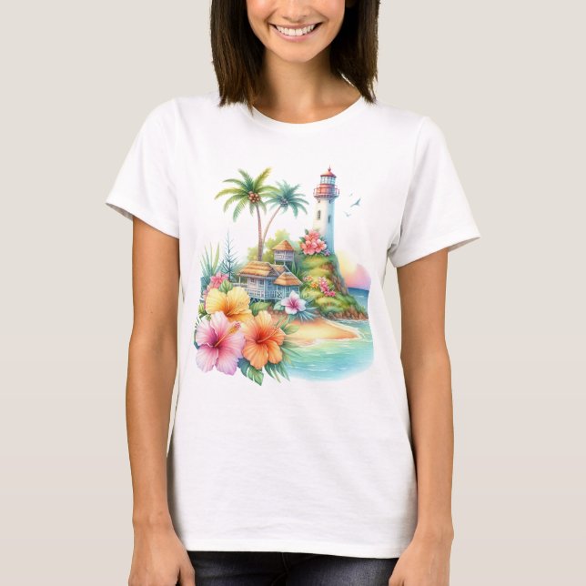 CAMISETA FLOR DE HIBISCO TROPICAL Y FARO  (Anverso)