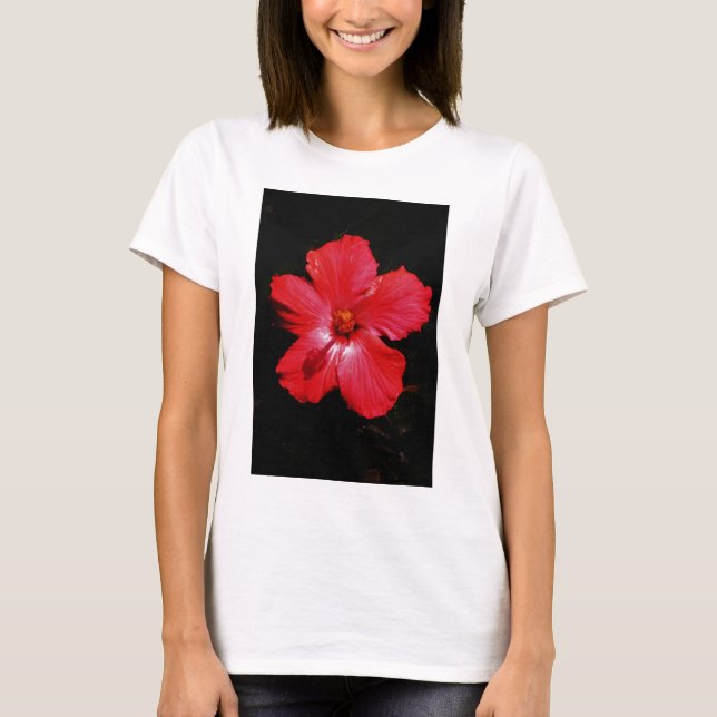 Camiseta Flor de Hibiscus rojo rosado caliente en negro (Anverso)